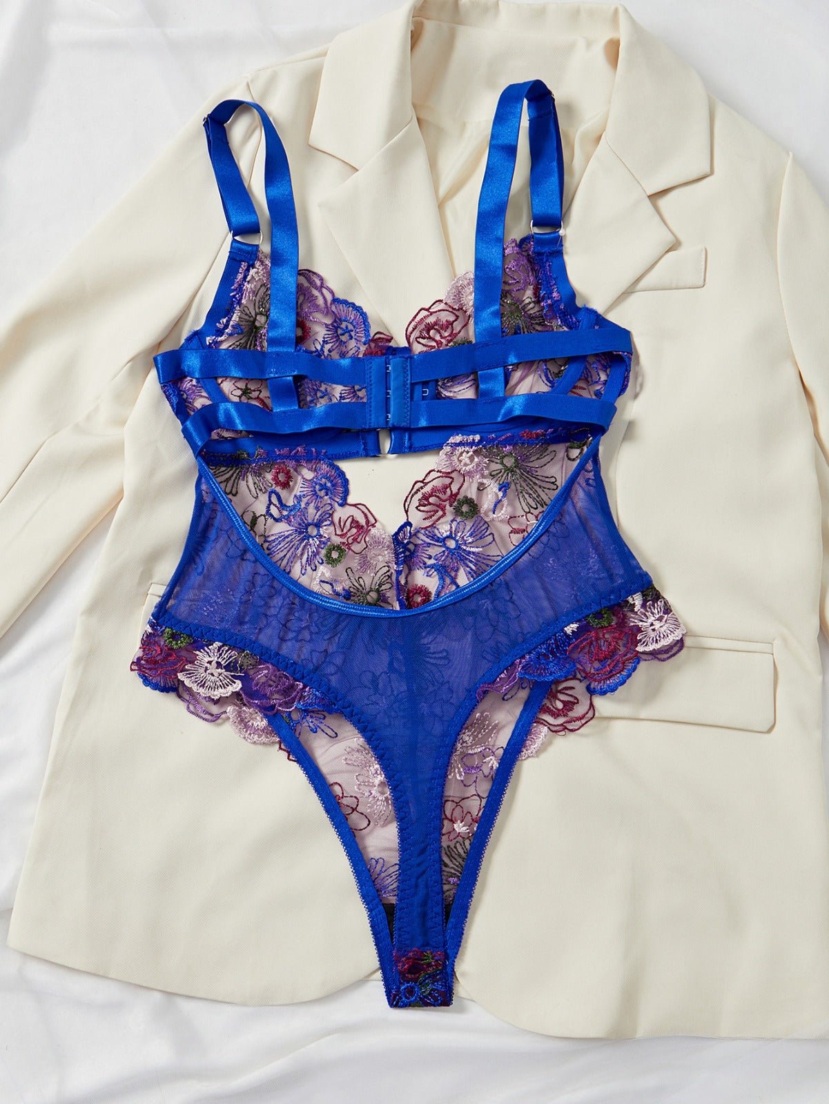 Amber Embroidered Bodysuit - Black & Vibrant Blue - Lovegood Lingerie