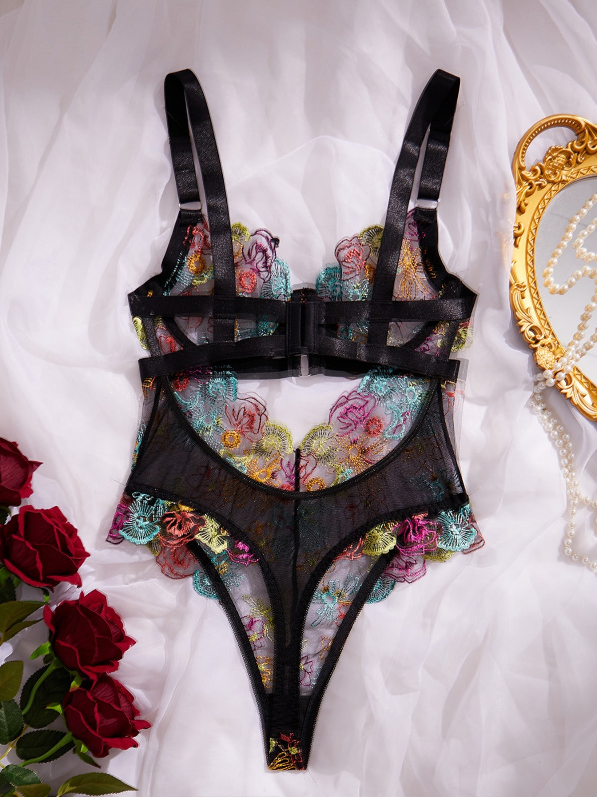 Amber Embroidered Bodysuit - Black & Vibrant Blue