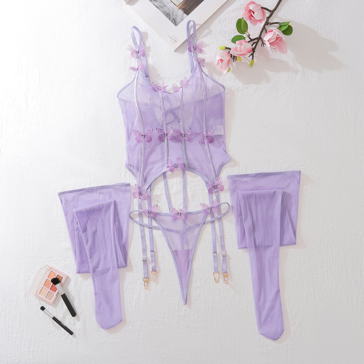 sexy purple lingerie Sexy Lingerie 3-Piece Flowers Purple Bra Panty Sets with Stocking main image 0