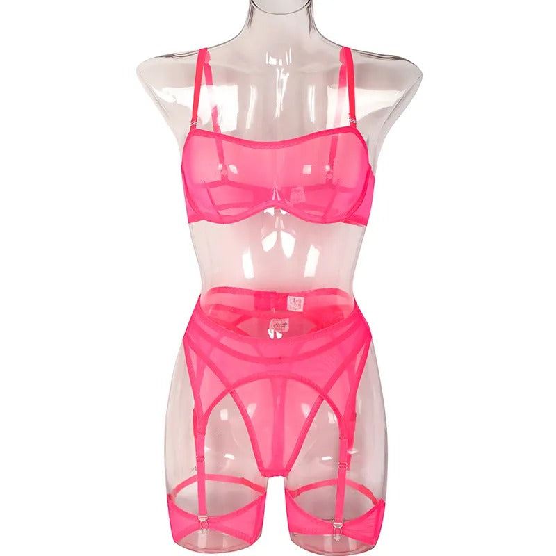 Sensual See Through Lingerie Set - Wine Red & Hot Pink