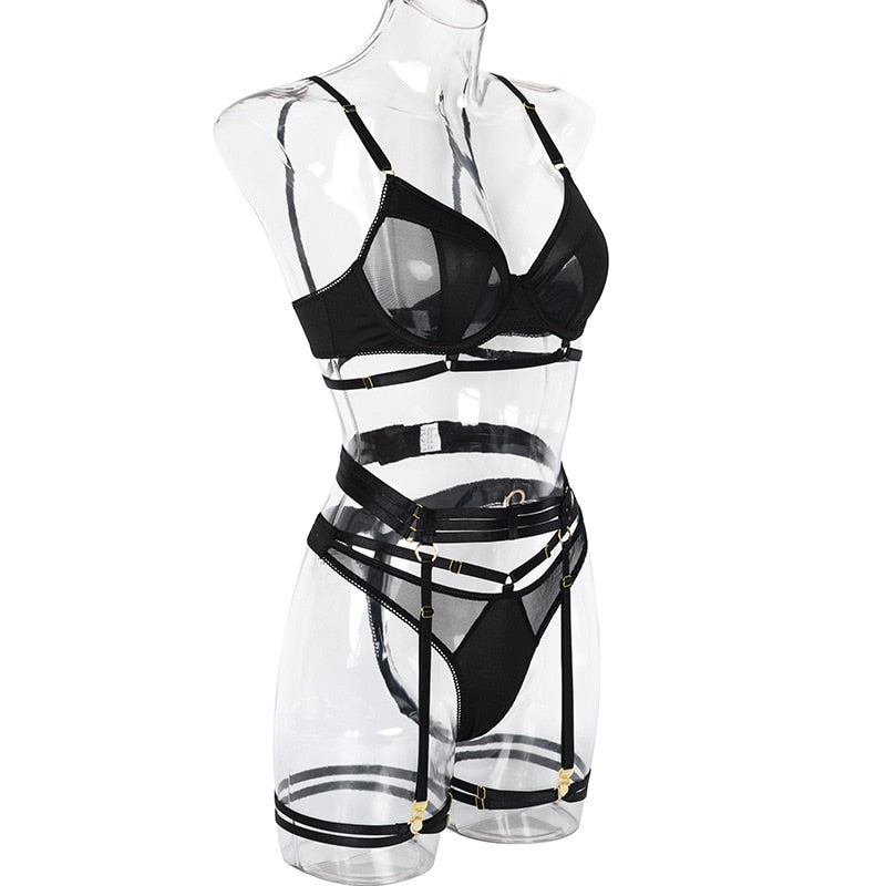 Victoria See-Through Lingerie Set - Black and Red