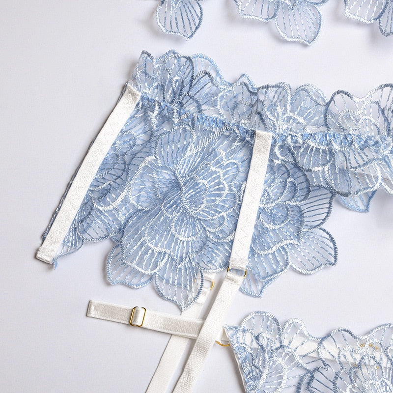 Blue Elegant Floral Five-Piece Lingerie Set