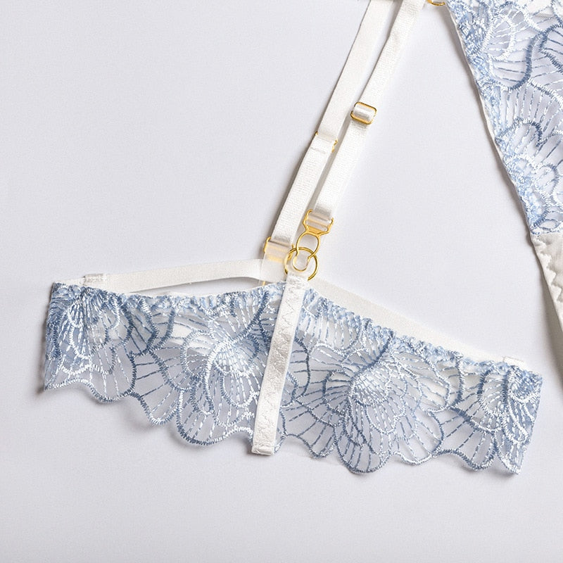 Blue Elegant Floral Five-Piece Lingerie Set