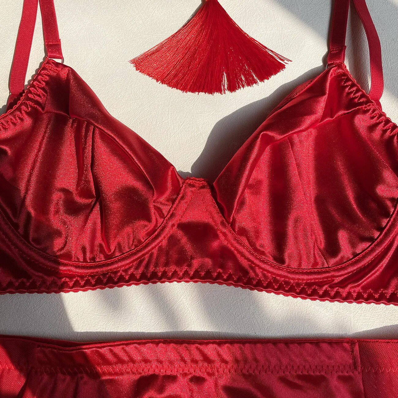 Hot Red Satin Skirt Lingerie Set
