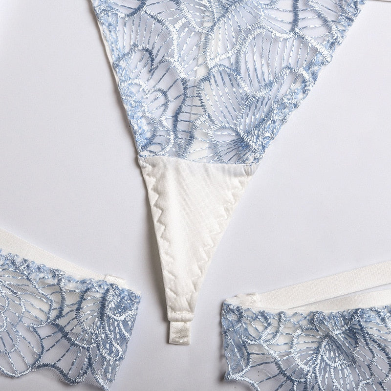 Blue Elegant Floral Five-Piece Lingerie Set