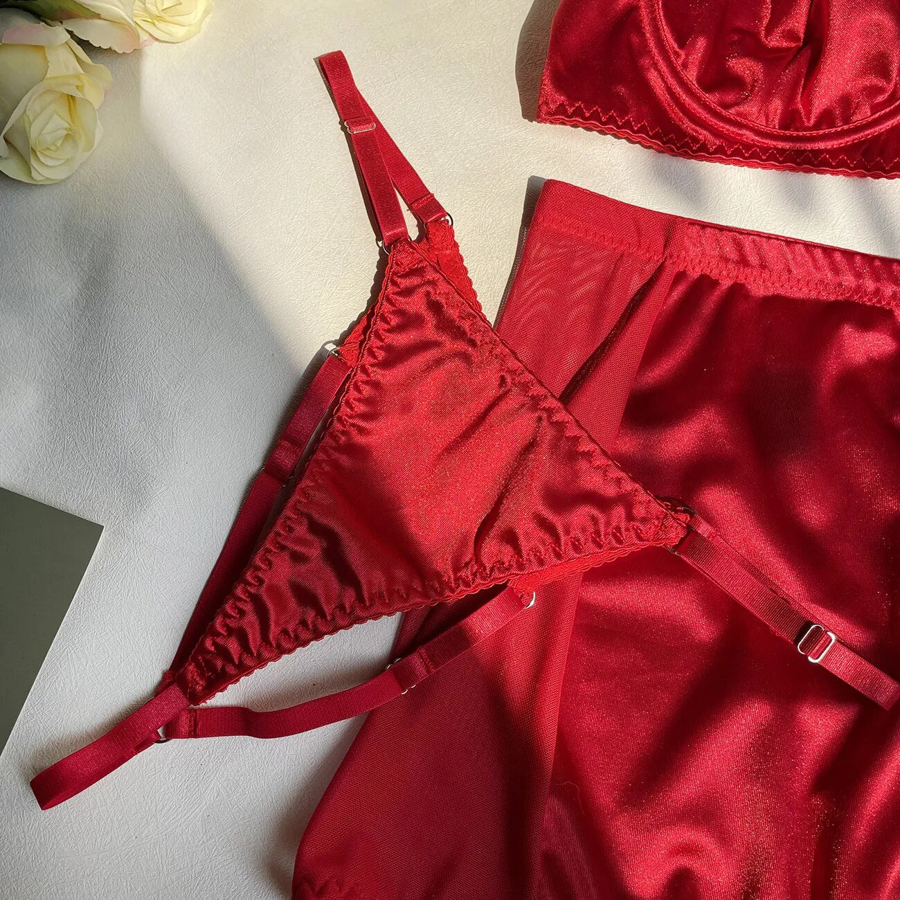 Hot Red Satin Skirt Lingerie Set