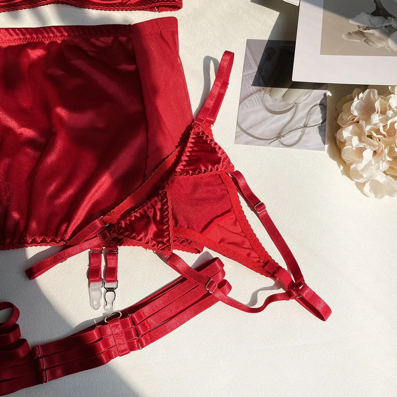 Hot Red Satin Skirt Lingerie Set