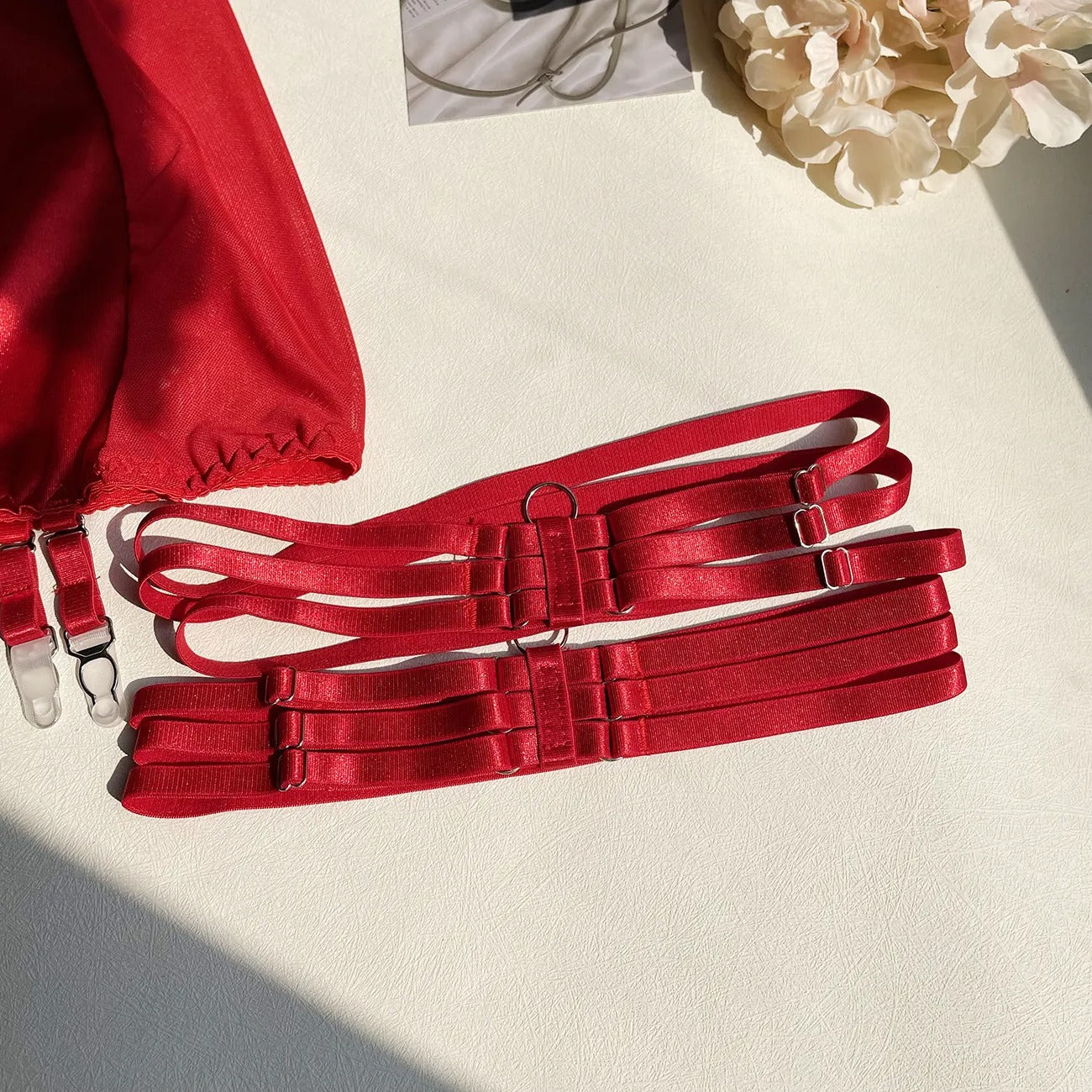 Hot Red Satin Skirt Lingerie Set