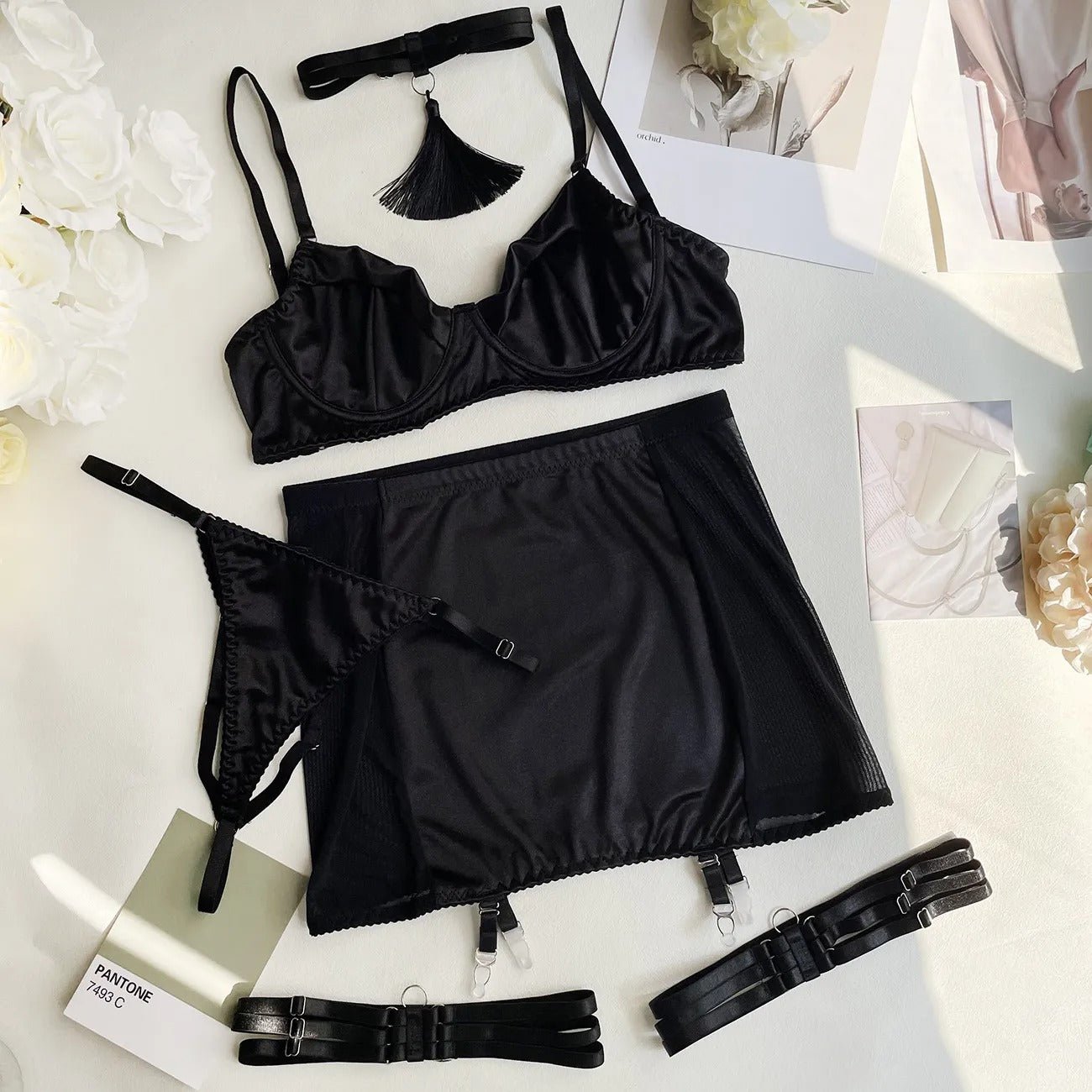 Hot Black Satin Skirt Lingerie Set , Costume Lingerie , Tassle Hot Black Satin Skirt Lingerie Set , Costume Lingerie , Tassle