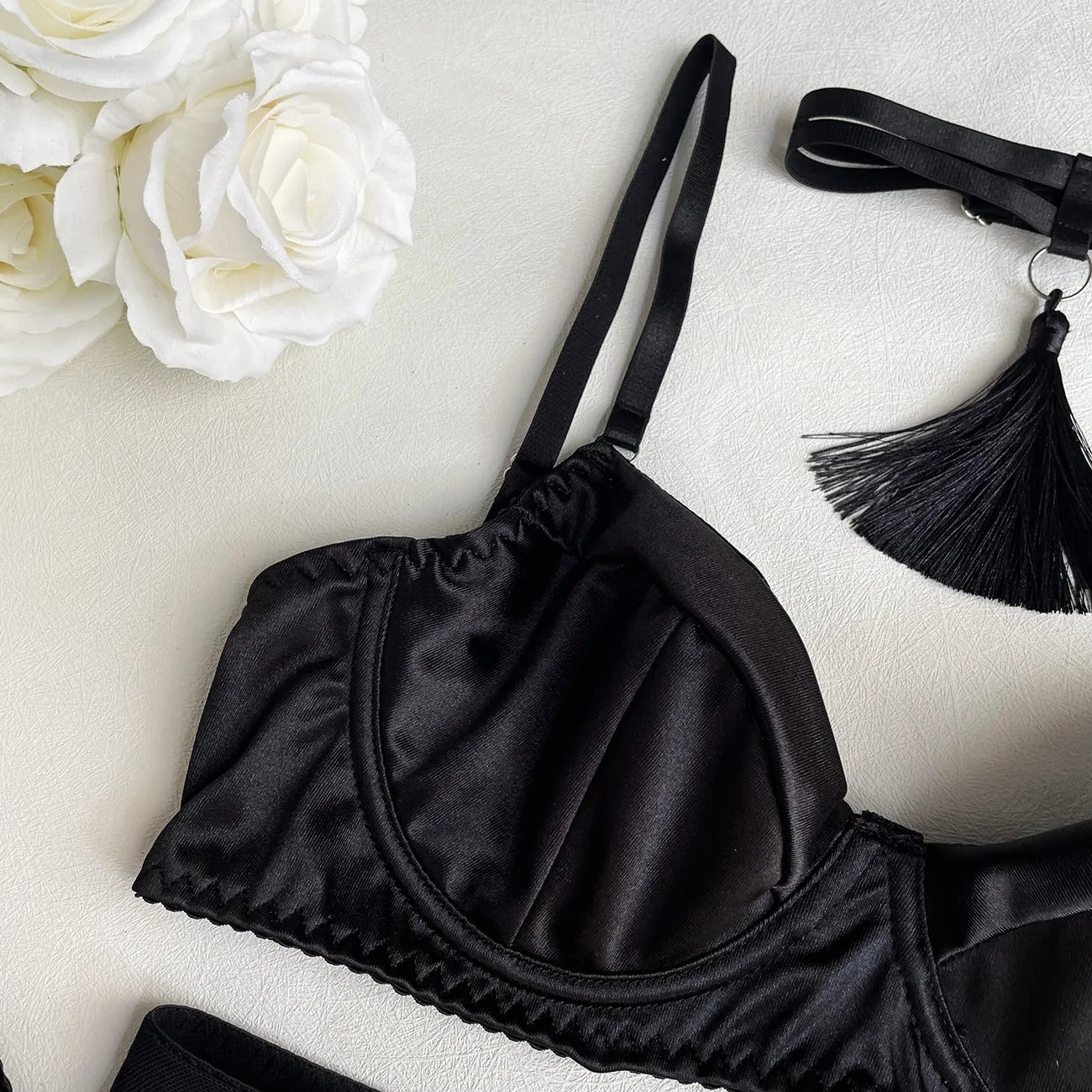 Hot Black Satin Skirt Lingerie Set
