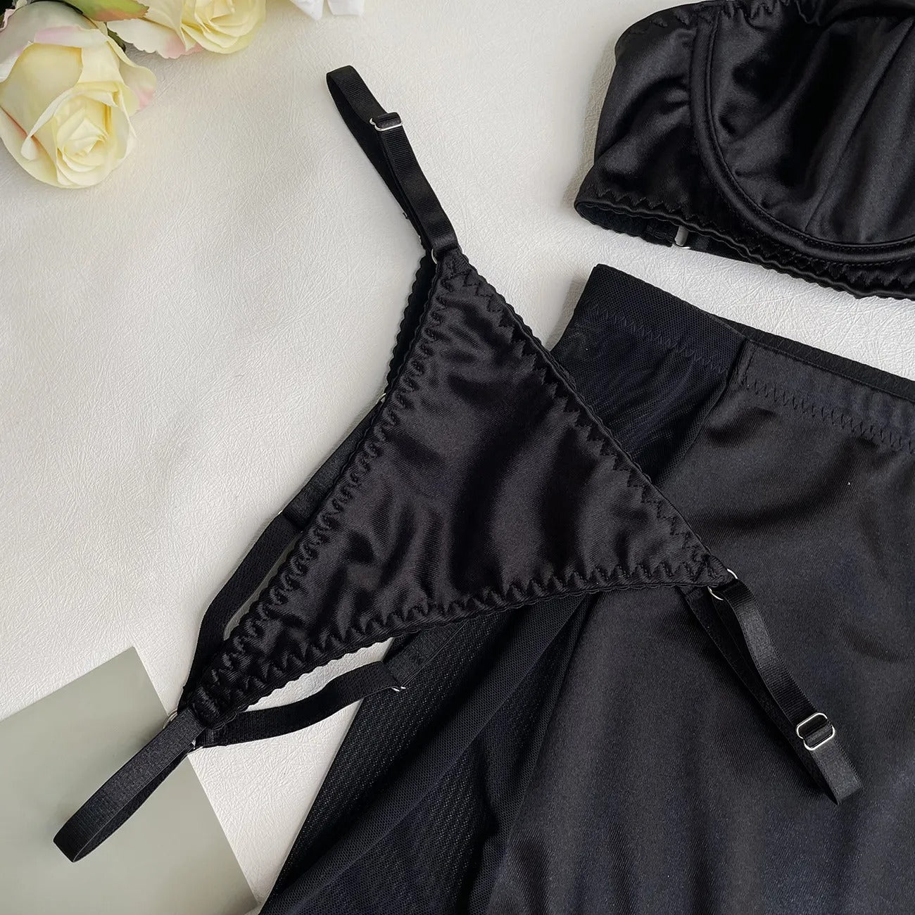 Hot Black Satin Skirt Lingerie Set