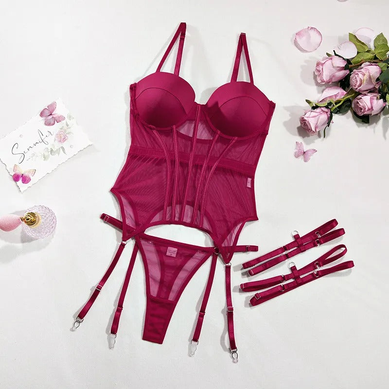 Hot Bustier Lingerie Set - Wine Red & Green