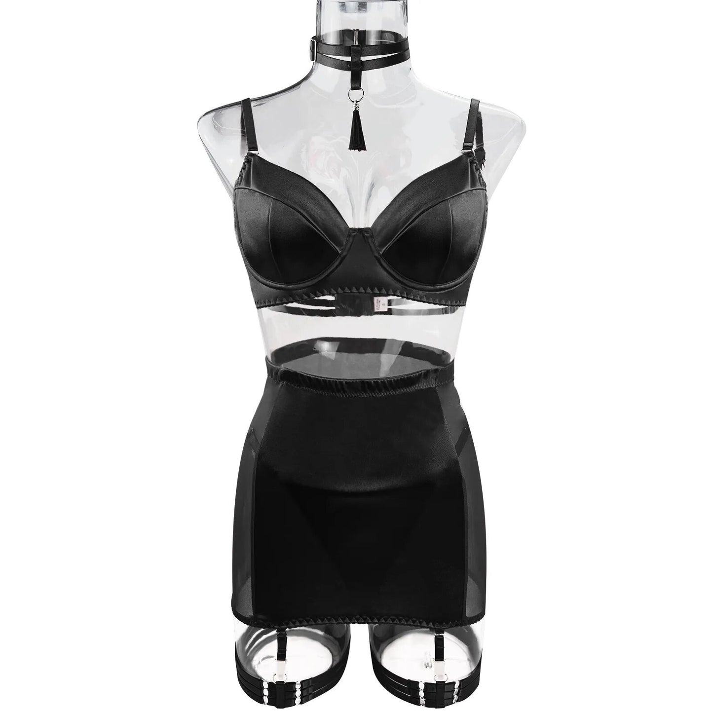 Hot Black Satin Skirt Lingerie Set