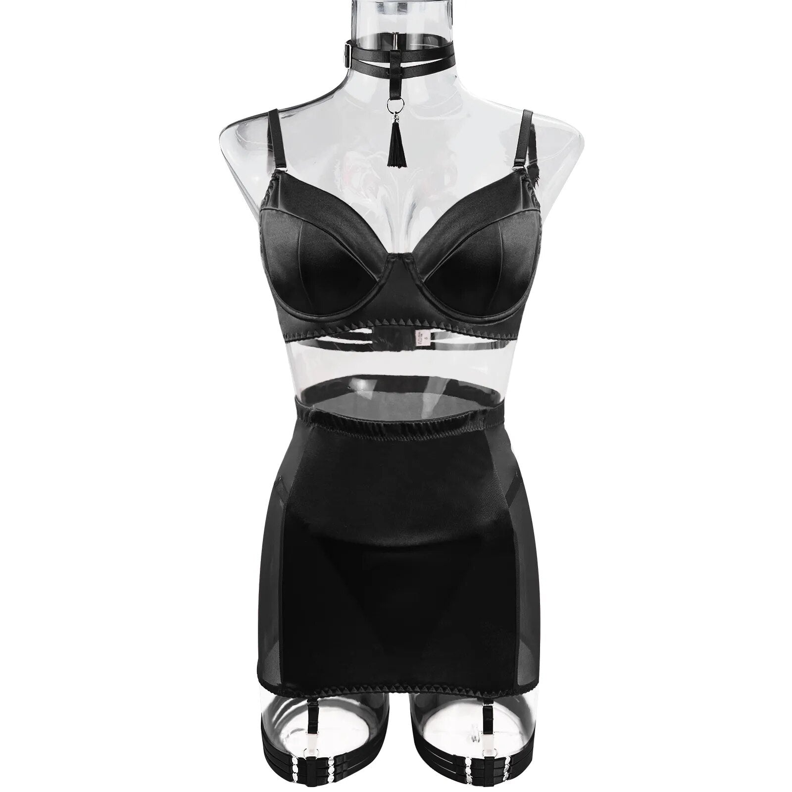Hot Black Satin Skirt Lingerie Set - Lovegood Lingerie