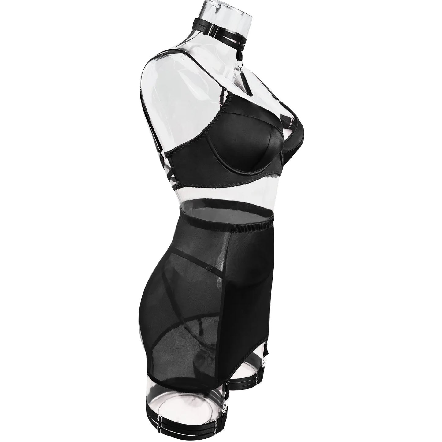 Hot Black Satin Skirt Lingerie Set