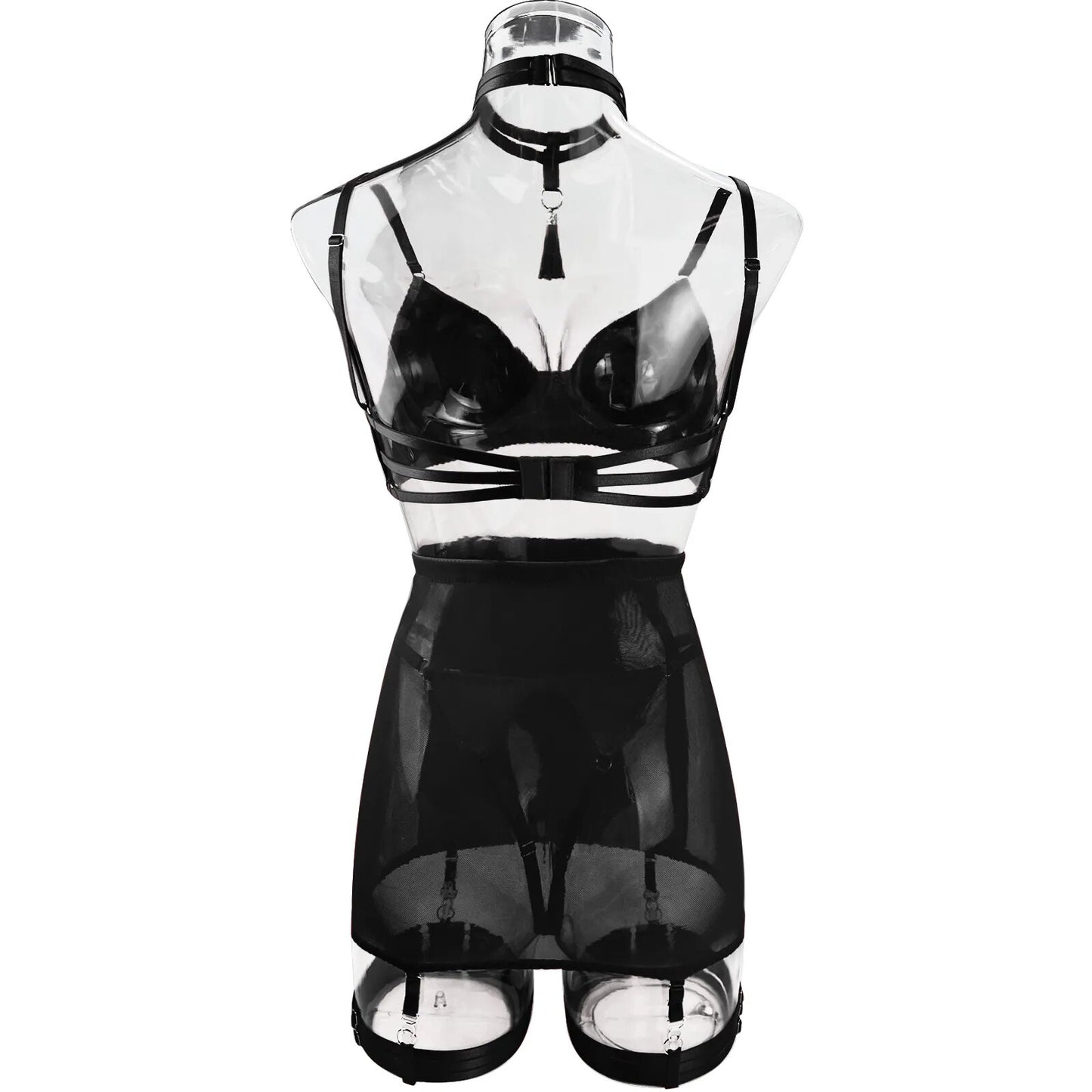 Hot Black Satin Skirt Lingerie Set