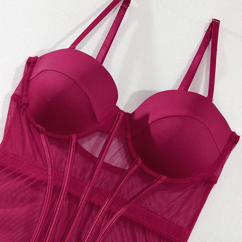 Hot Bustier Lingerie Set - Wine Red & Green