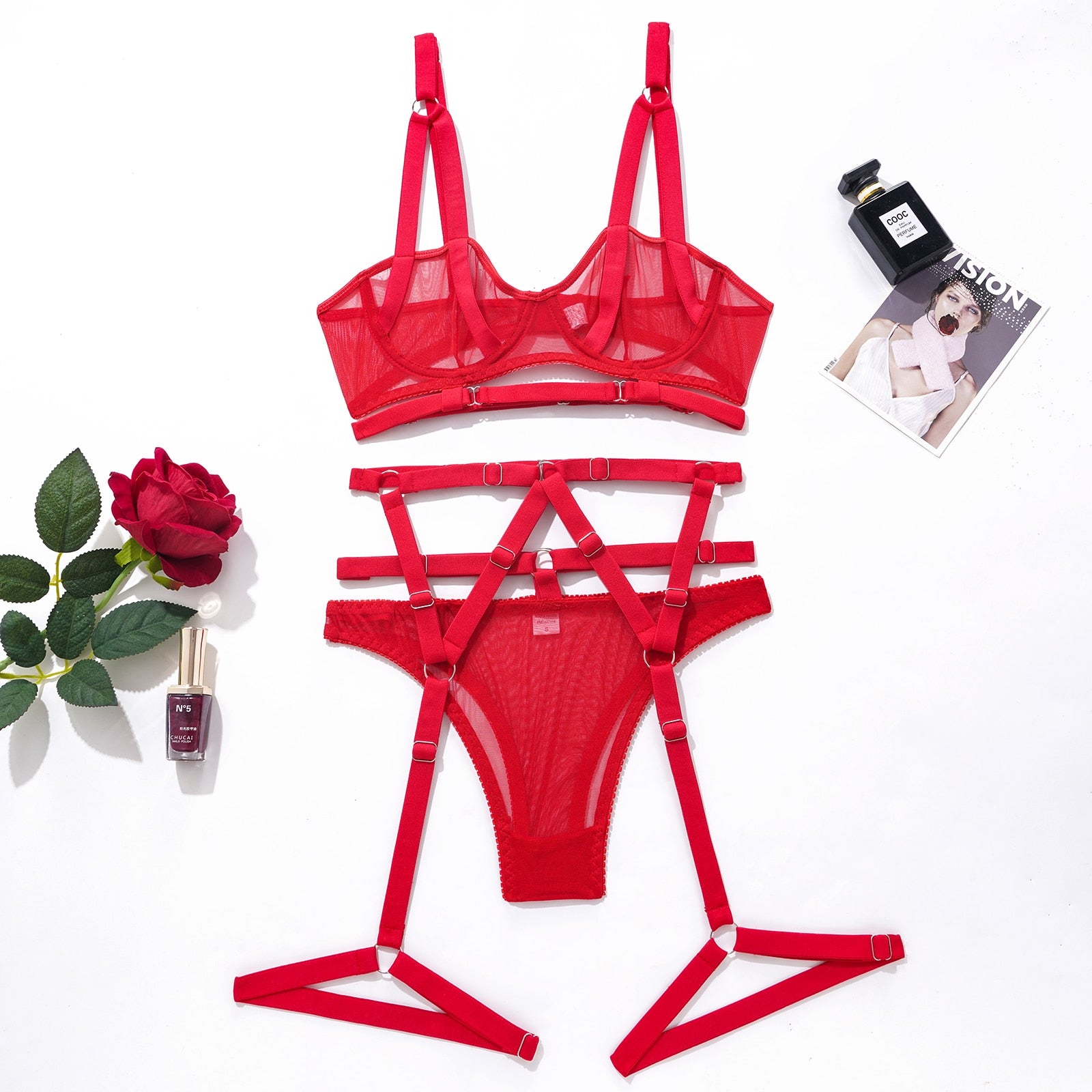 Classic Red Lingerie Set With Straps - Lovegood Lingerie