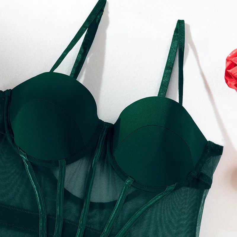 Hot Bustier Lingerie Set - Wine Red & Green