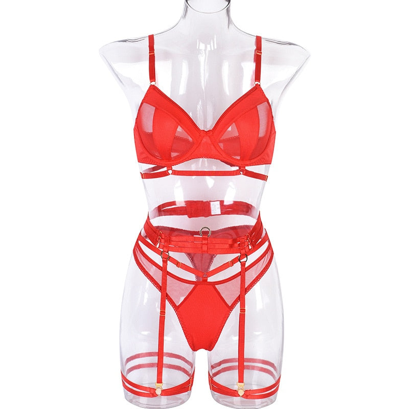 Victoria See-Through Lingerie Set - Black and Red