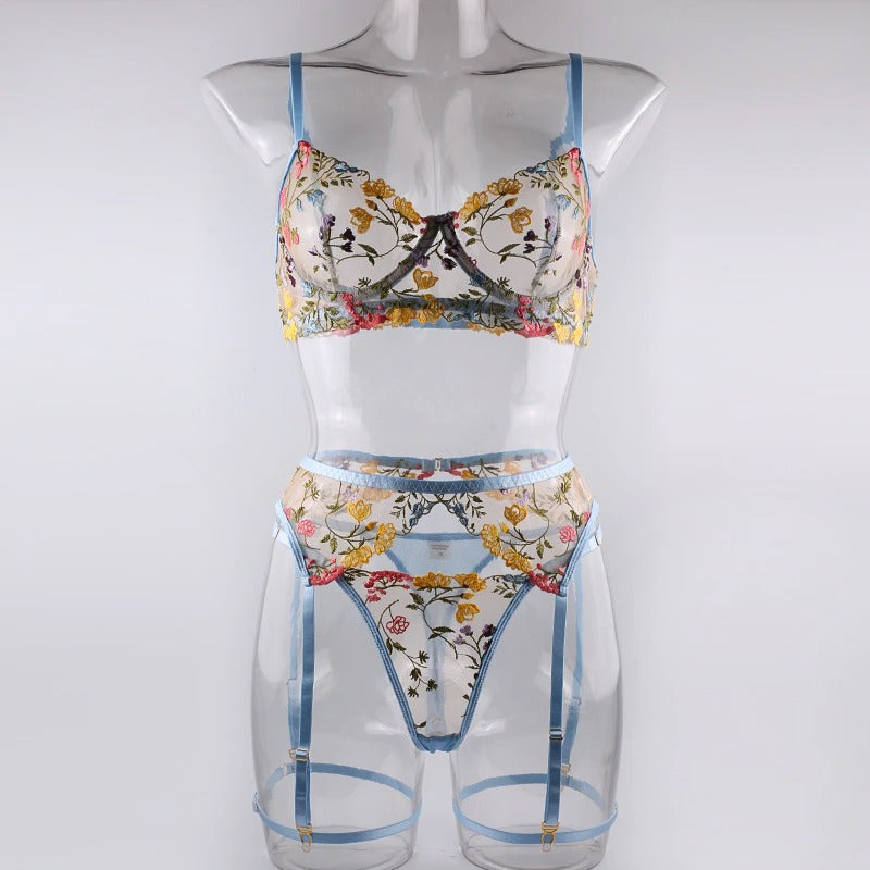 Boho Embroidered Lingerie Set - Sky Blue
