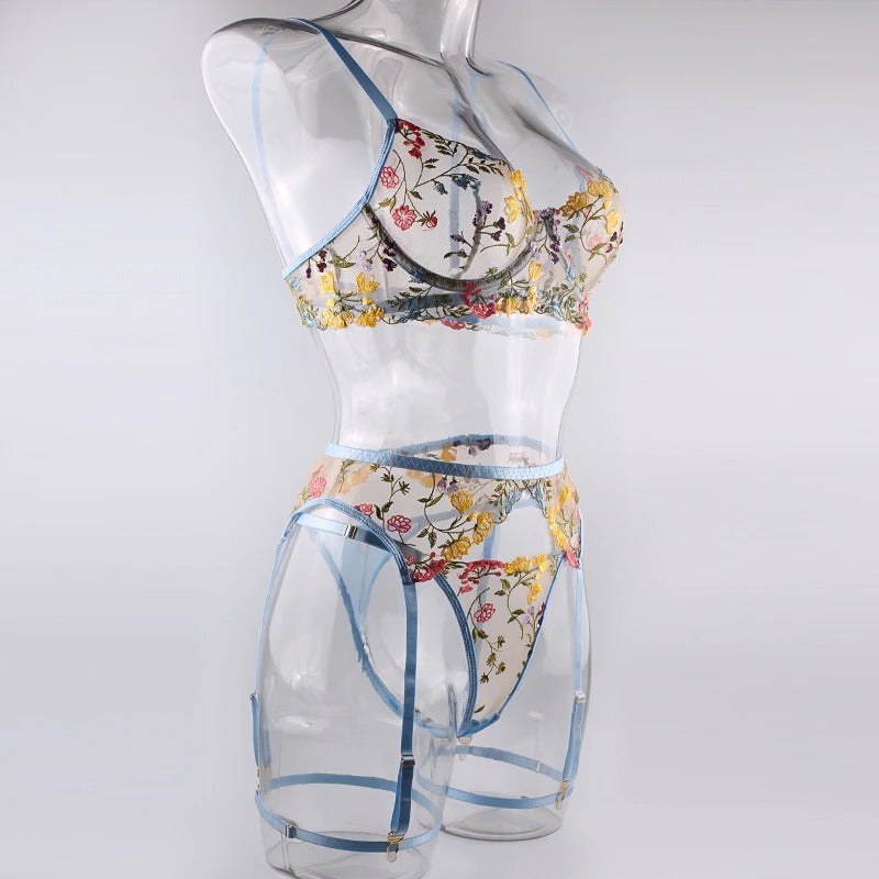 Boho Embroidered Lingerie Set - Sky Blue