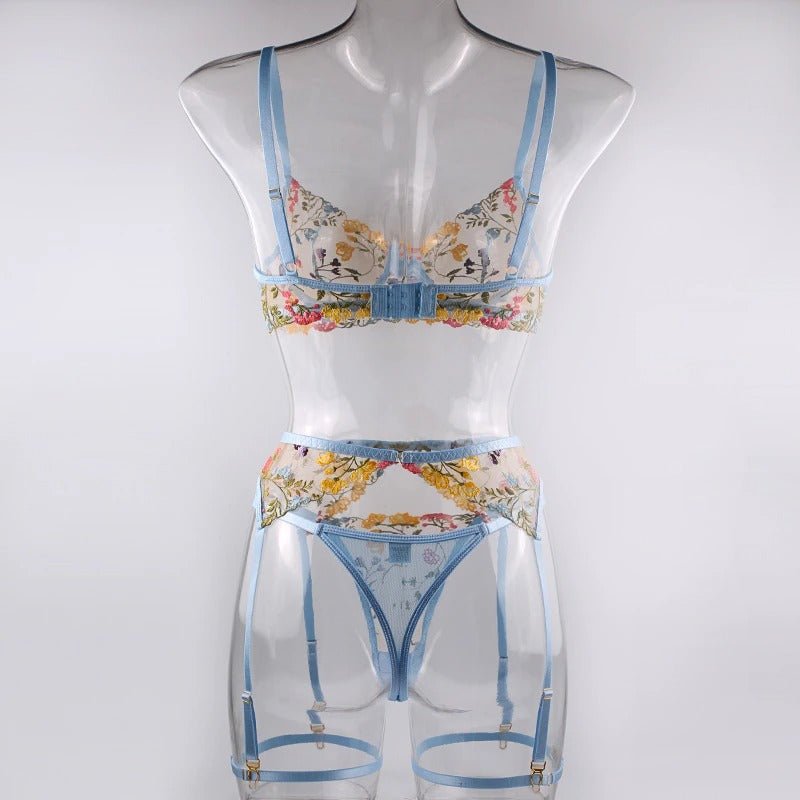Boho Embroidered Lingerie Set - Sky Blue