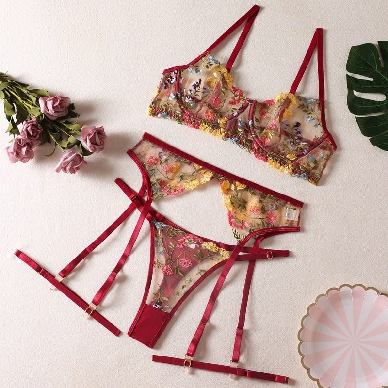 Boho Embroidered Lingerie Set - Wine Red | Boudoir Lingerie | Sexy Lingerie  | Playful & Cute Lingerie | High Quality Lingerie