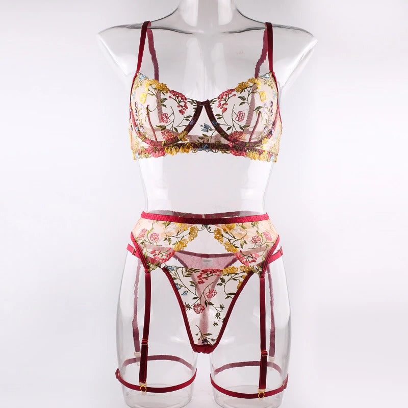 Boho Embroidered Lingerie Set - Wine Red
