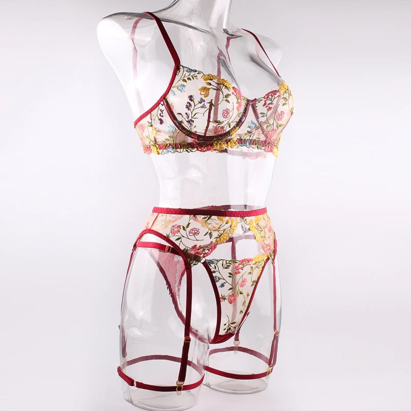 Boho Embroidered Lingerie Set - Wine Red
