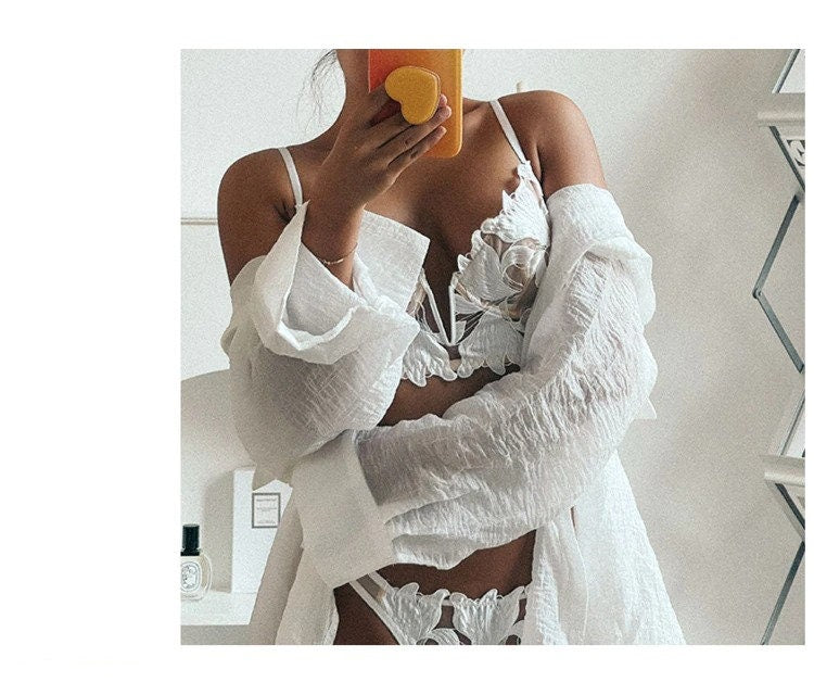 Sexy White French Lace Embroidered Brassier Set