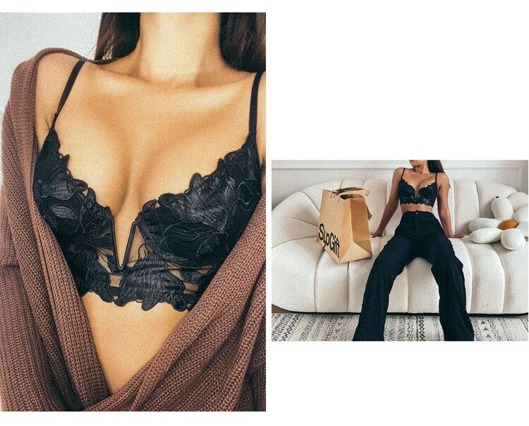Sexy Black French Lace Embroidered Brassier Set