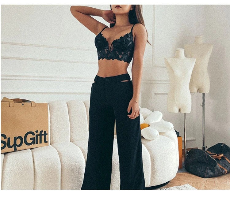 Sexy Black French Lace Embroidered Brassier Set