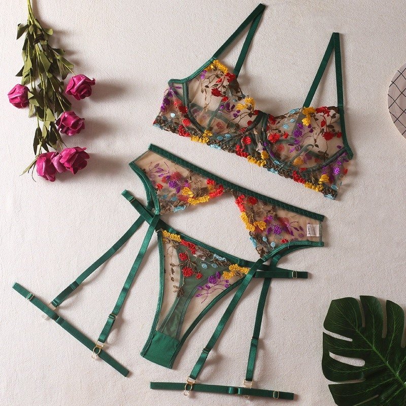 Boho Embroidered Lingerie Set - Green, Boudoir Lingerie, High Quality Boho Embroidered Lingerie Set - Green, Boudoir Lingerie, High Quality