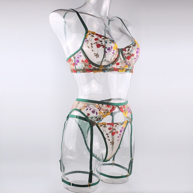 Boho Embroidered Lingerie Set - Green