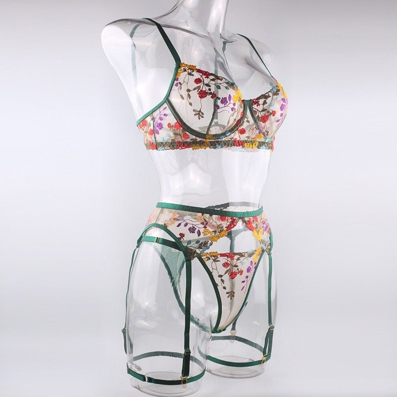 Boho Embroidered Lingerie Set - Green - Lovegood Lingerie