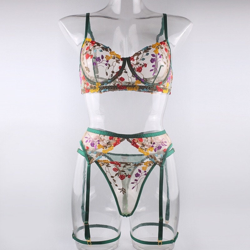 Boho Embroidered Lingerie Set - Green