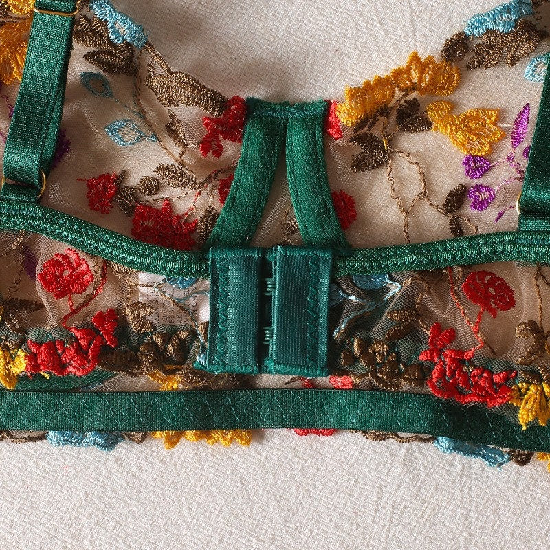 Boho Embroidered Lingerie Set - Green