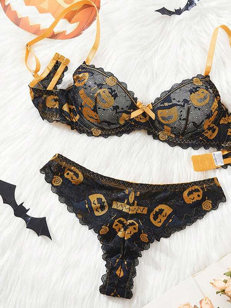 sexy pumpkin lingerie Pumpkin Halloween Bralette Jack O' Lantern Spooky Lingerie Sexy Goth Gothic  Underwear main image 1