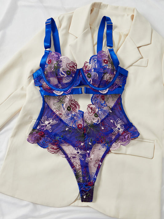Amber Embroidered Bodysuit - Black & Vibrant Blue
