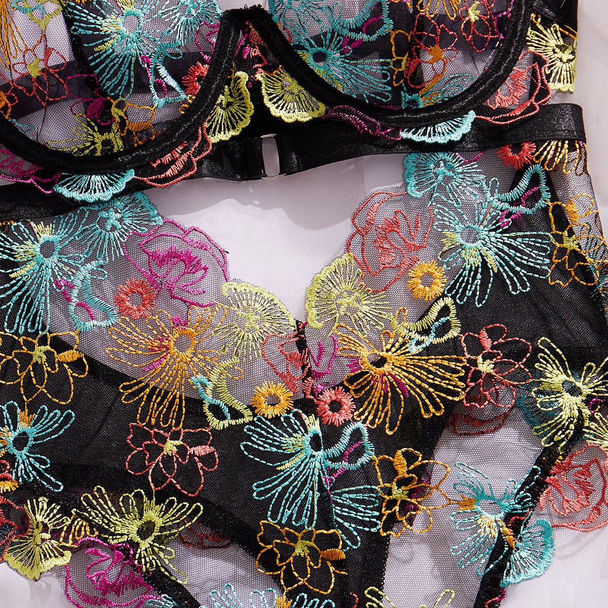 Amber Embroidered Bodysuit - Black & Vibrant Blue - Lovegood Lingerie