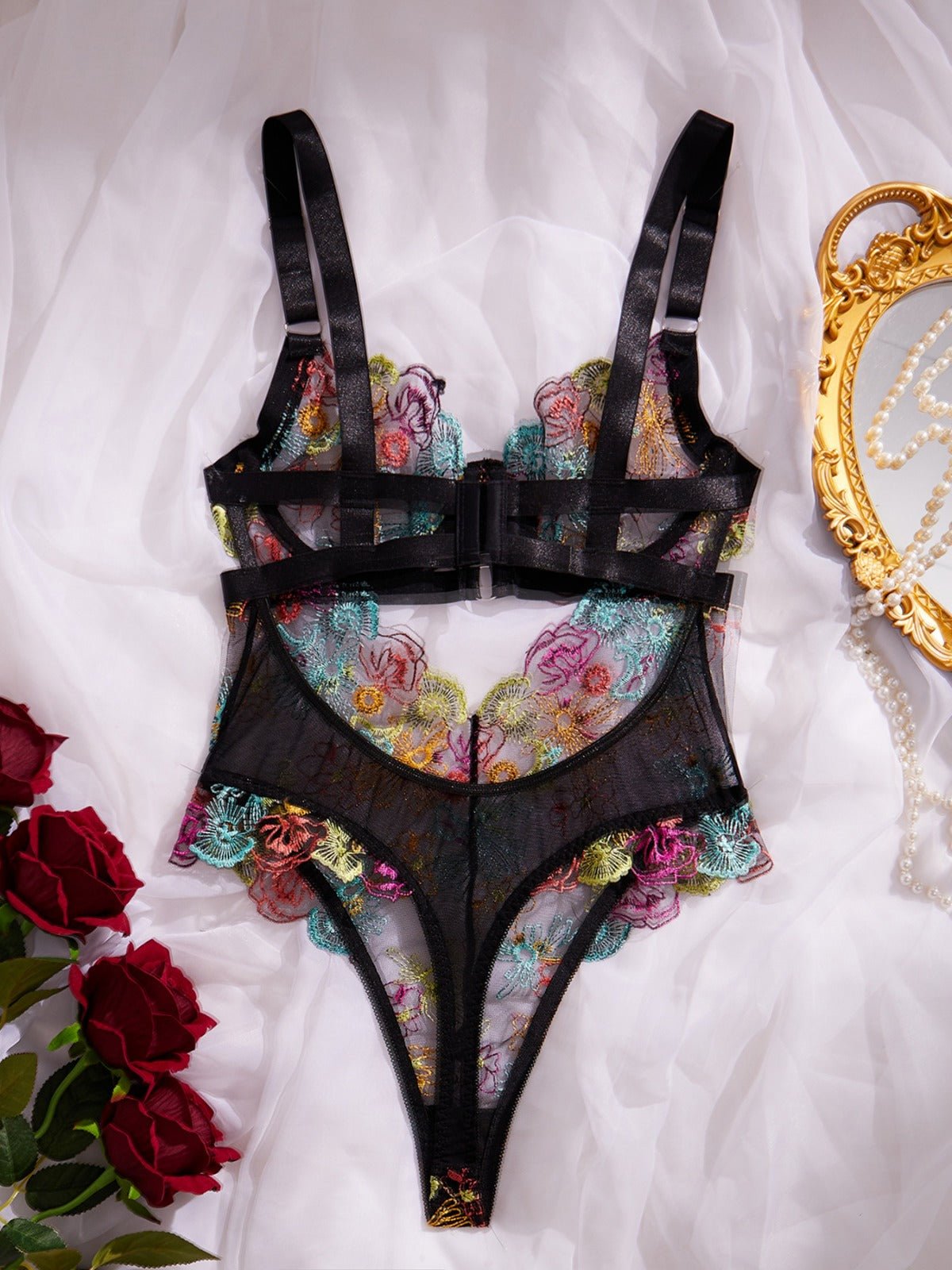 Amber Embroidered Bodysuit - Black & Vibrant Blue - Lovegood Lingerie