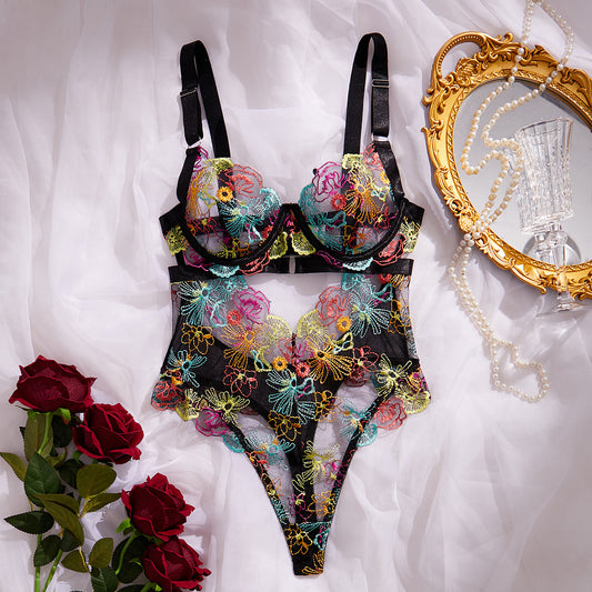 Amber Embroidered Bodysuit - Black & Vibrant Blue