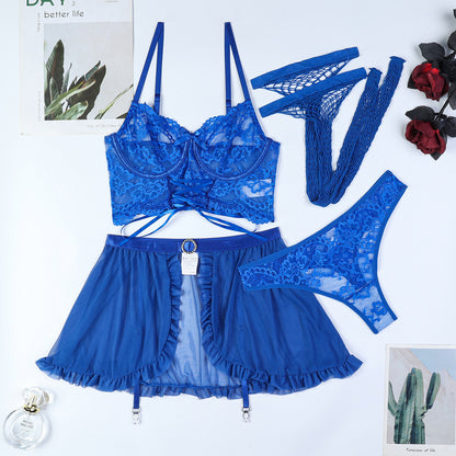 Blue lace lingerie set on a white background with decorative elements.