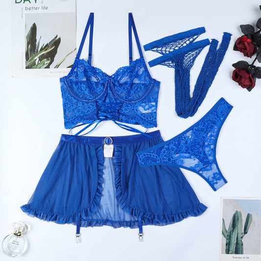 Blue lace lingerie set on a white background with decorative elements.