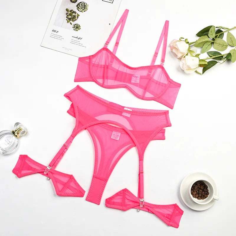 Sensual See Through Lingerie Set - Wine Red & Hot Pink