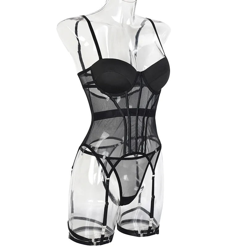 Hot Satin Bustier Lingerie Set - Black