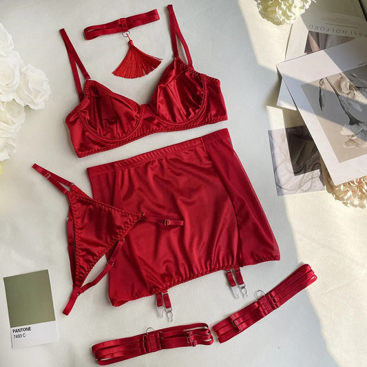Hot Red Satin Skirt Lingerie Set
