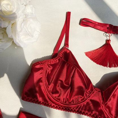 Hot Red Satin Skirt Lingerie Set