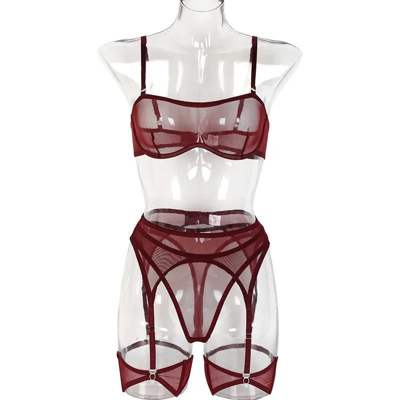 Sensual See Through Lingerie Set - Wine Red & Hot Pink